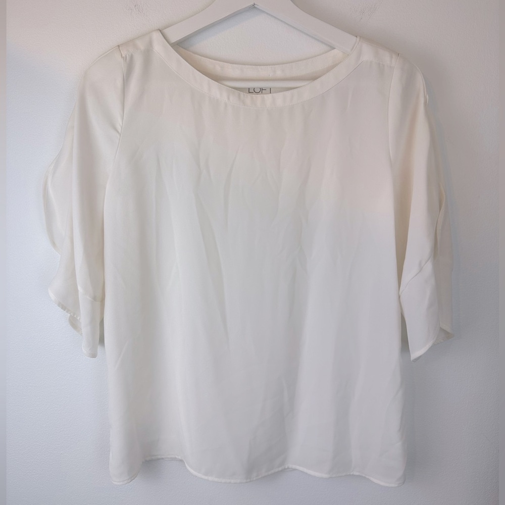 LOFT Outlet Petite Lightweight White Top Open Ruffle Sleeve | Size XSP